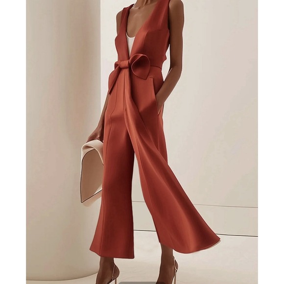 Fehaute Women Red Sleeveless V Neck Bow Wide-Leg Jumpsuit red size XXL‎ - Picture 1 of 8